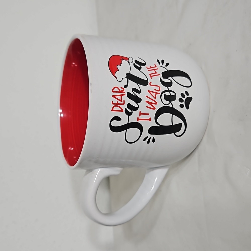 EUC dear santa it was the dog red, black and white christmas theme coffee